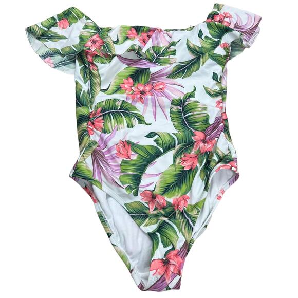 Kona Sol Women's White Floral Print Off Shoulder Swimsuit - Size Medium - NWT - Picture 1 of 9